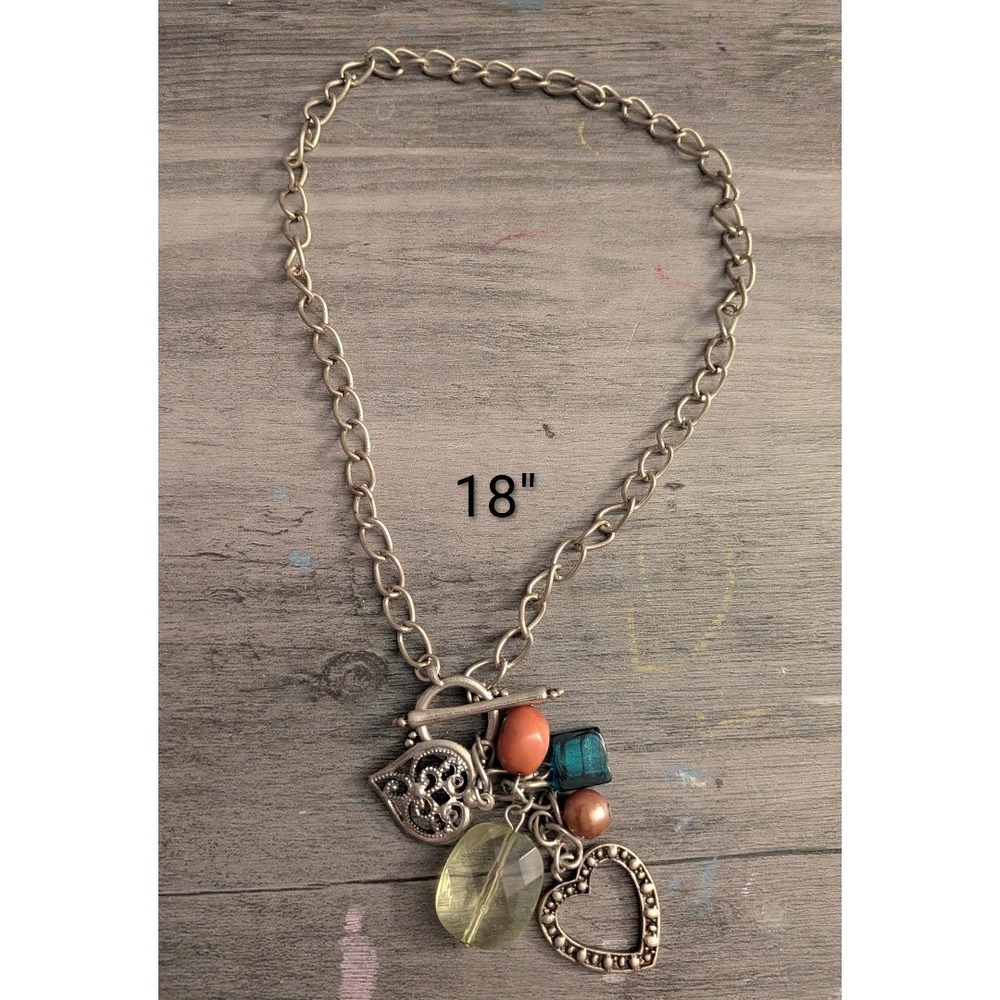 Silver Tone Heart Charm Toggle Necklace Bohemian Beaded‎ Cluster 18 Inch Womens